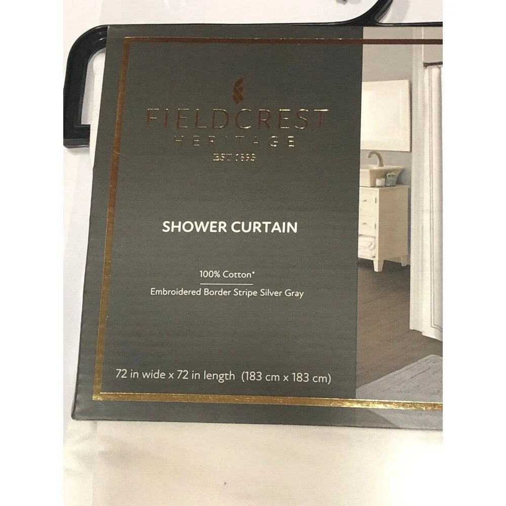 Fieldcrest Fabric Shower Curtain Double Baratta Silver Gray Border Stripe Cotton